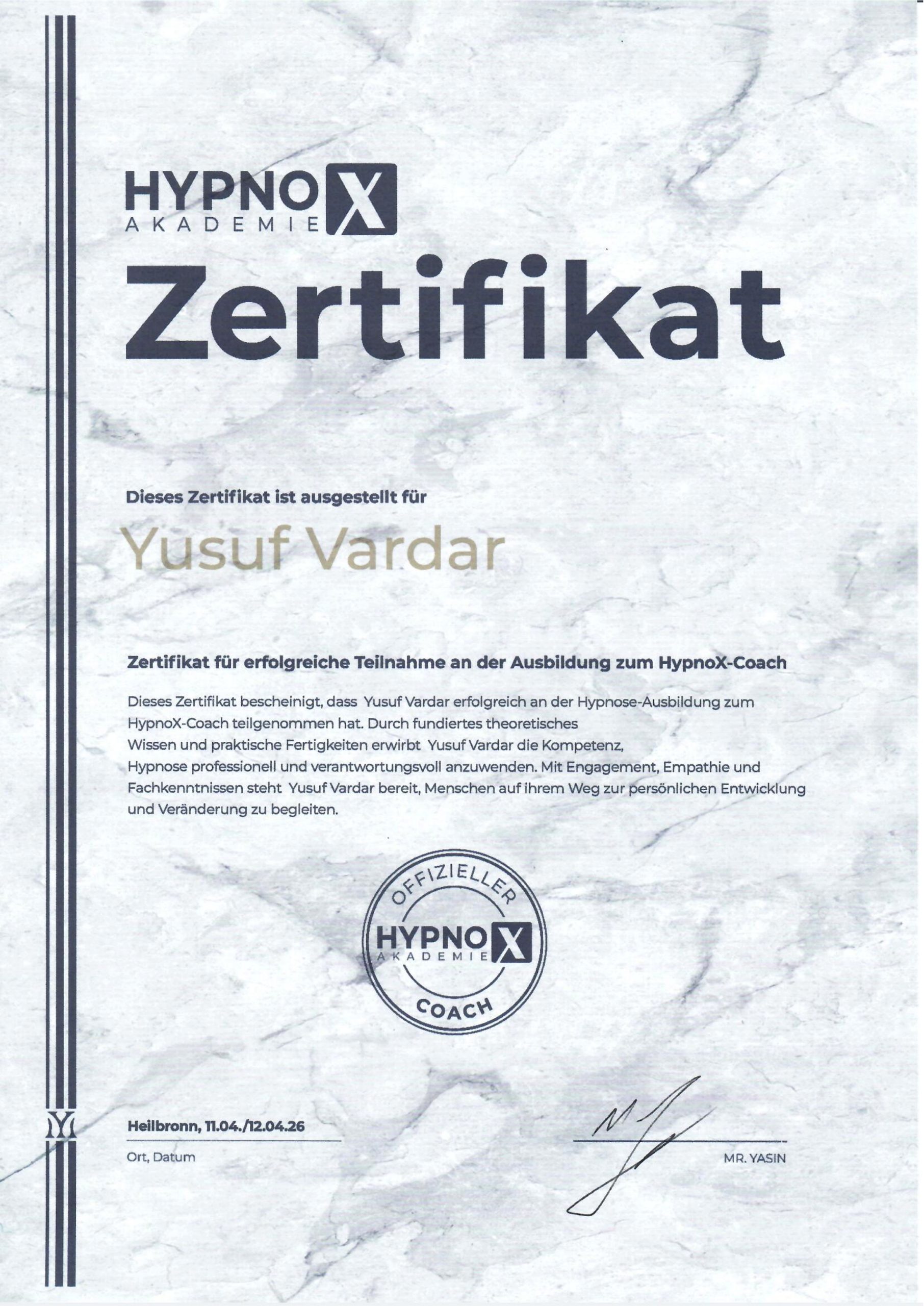 Zertifikat: Ausbildung zum HypnoX-Coach (April 2026)