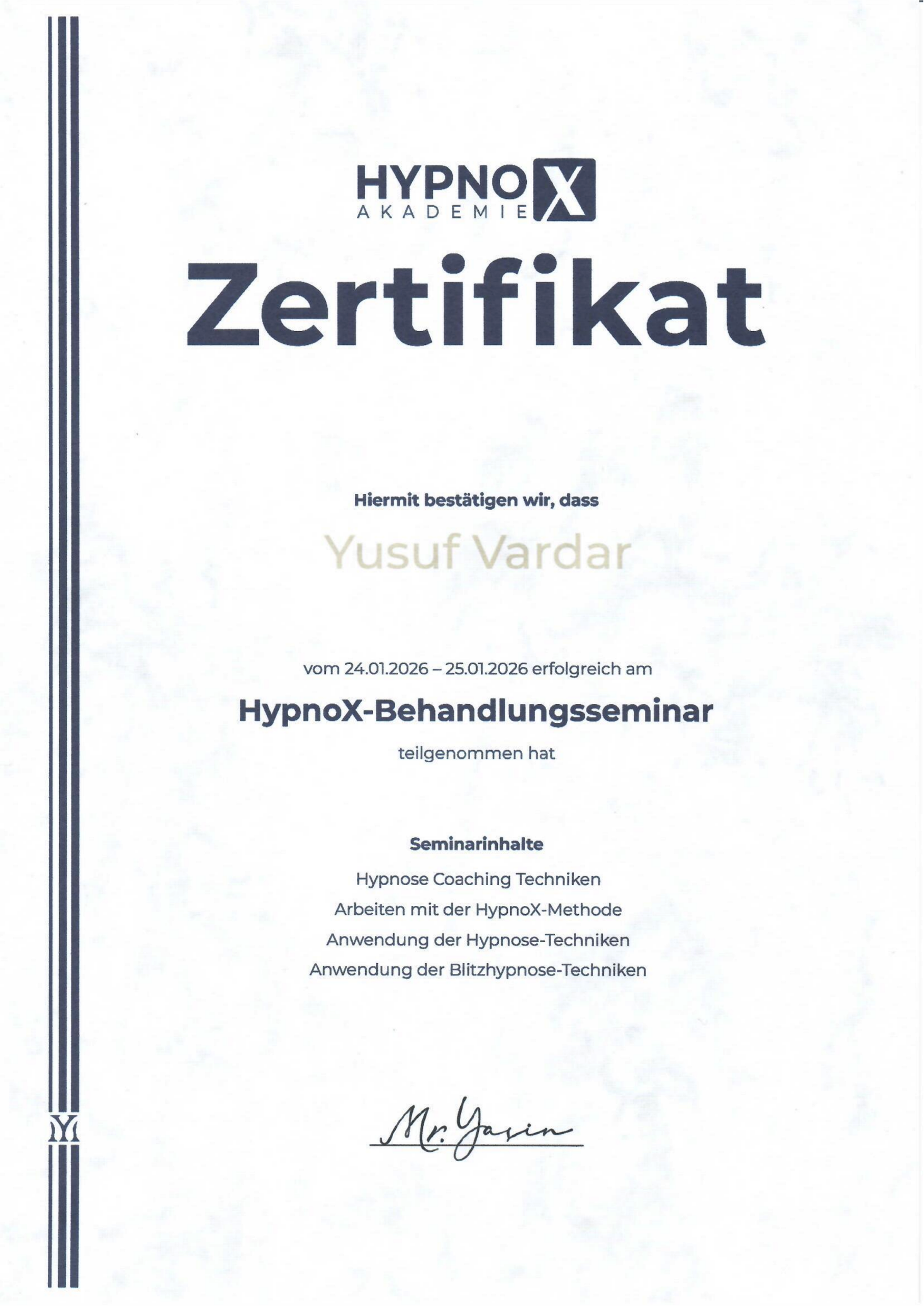 Zertifikat: HypnoX-Praxis-Seminar (Januar 2026)